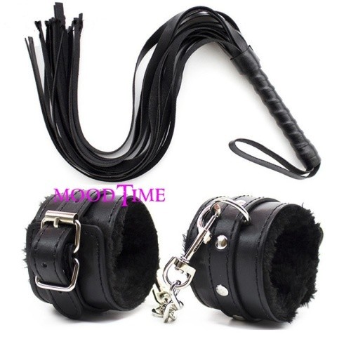 2Pcs Black Set Adult Whip Sex Flogger + Handcuffs BDSM Bondage | moodTime 2Pcs Black Set Adult Whip Sex Flogger + Handcuffs BDSM Bondage | moodTime