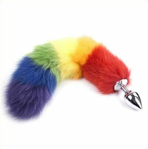 Metal Anal Butt Plug Rainbow Fox Tail