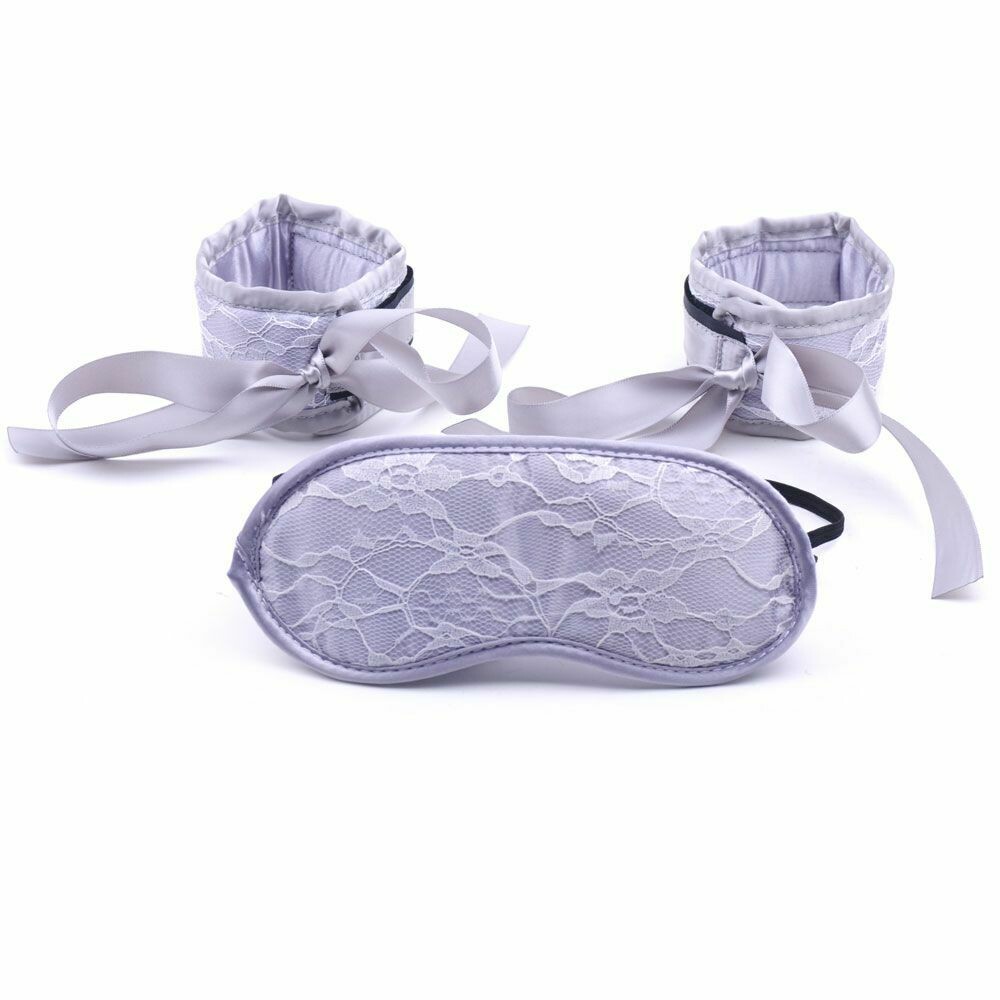 2Pcs Boutique Lace Wrist Cuffs &amp; Blindfold - Silver