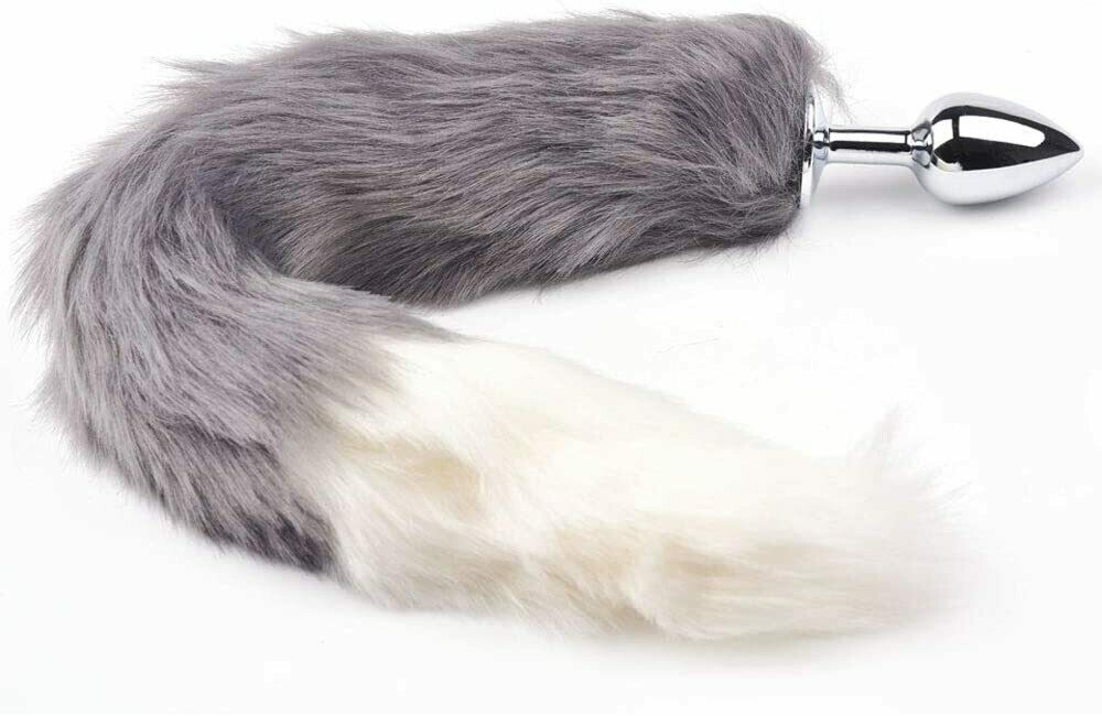 Metal Anal Butt Plug Furry Grey Cat Tail