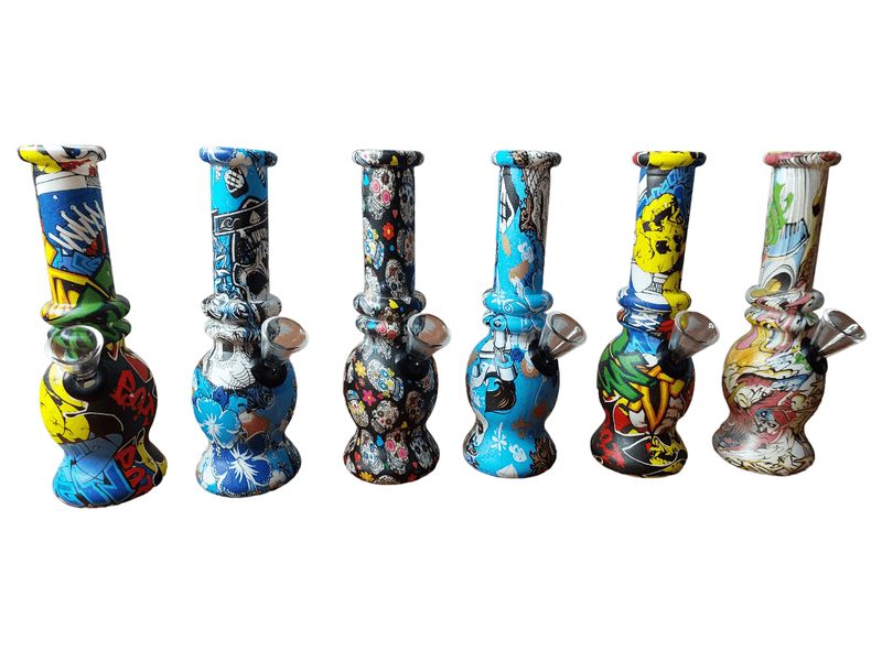 Glass Water Bong Small Graffiti Prints Round 15.5cm - Assorted