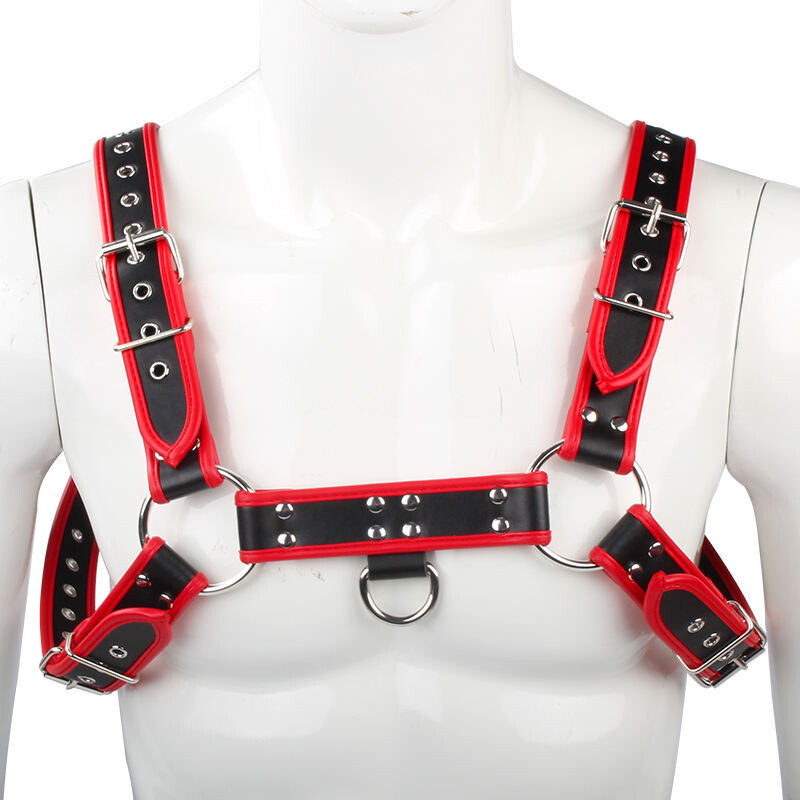 Fetish Play Bulldog Chest Harness, Colour: Black - Red trim