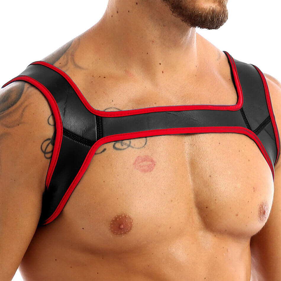 Fetish Play Neoprene Bulldog Style BDSM Chest Harness, Colour: Red