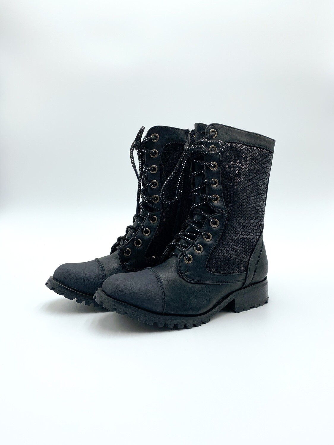 Gia-Mia Combat Sequin Boot, Color: Black, Size: 2