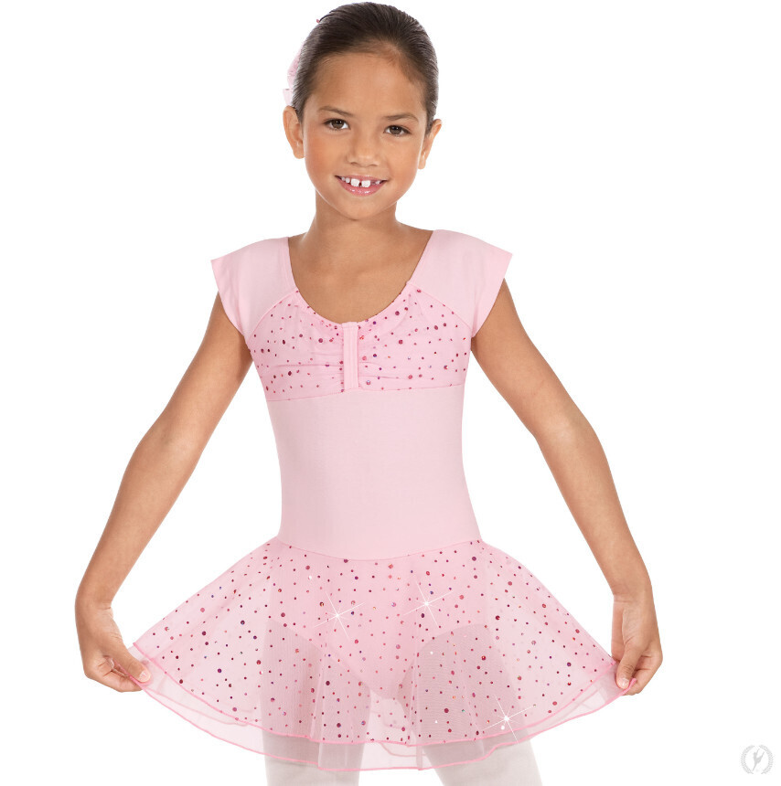 Eurotard Sequin Ruched Short Sleeve Dance Dress - Child, Color: Pink, Size: X Small