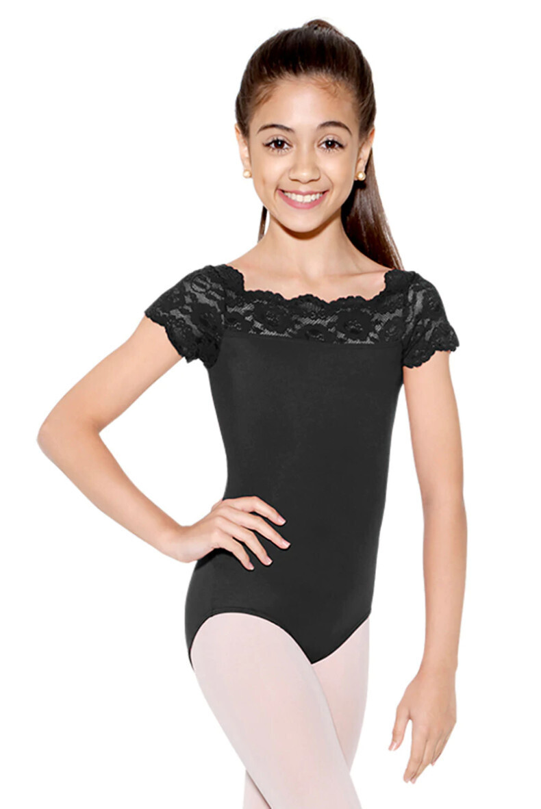 So Danca Tilly Cap Sleeve Lace Leotard - Child, Color: Black, Size: Intermediate