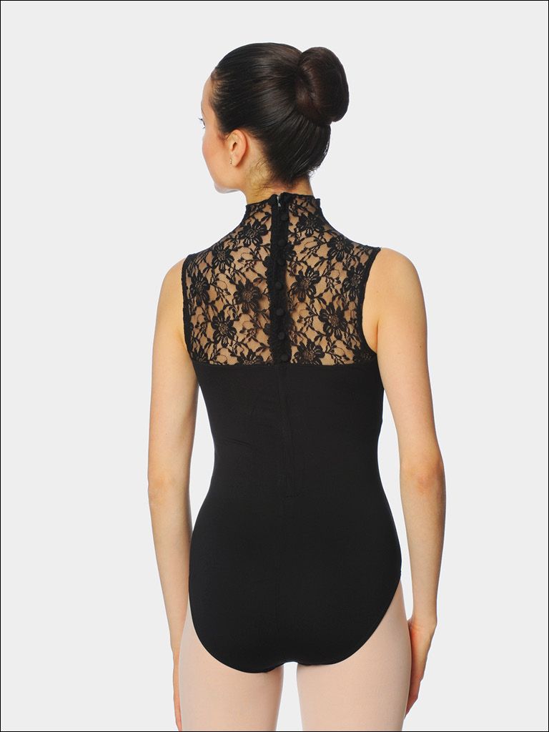 Gaynor Minden Belle High Neck Lace Leotard, Color: Black, Size: Petite