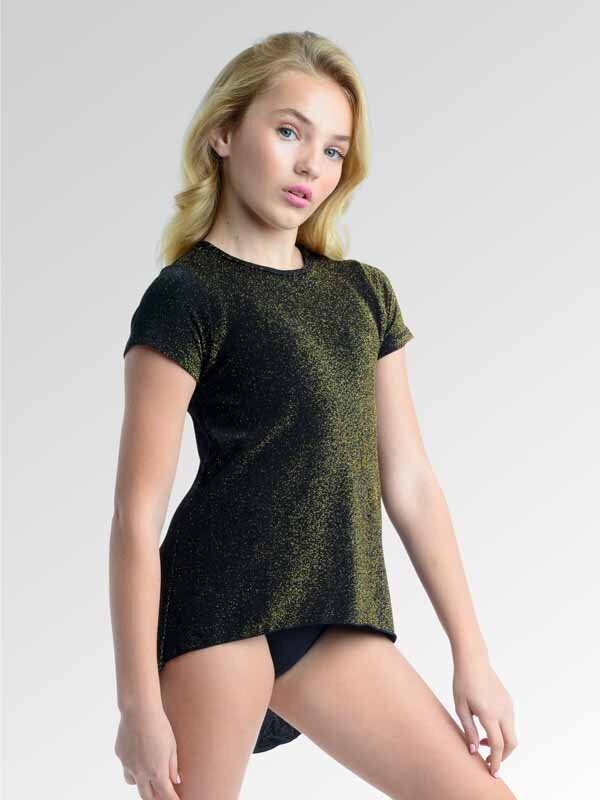DanzNmotion Sparkle Hi-Lo Shirt - Child, Color: Black/Gold, Size: Large