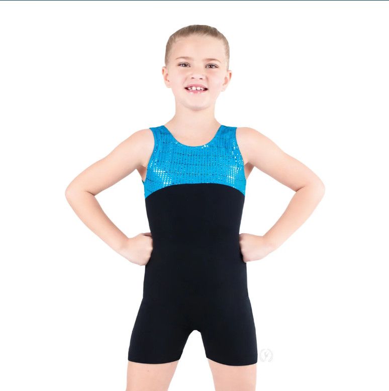 Eurotard Girls Celebration Color Block Gymnastics Biketard, Color: Turquoise/Black, Size: Small