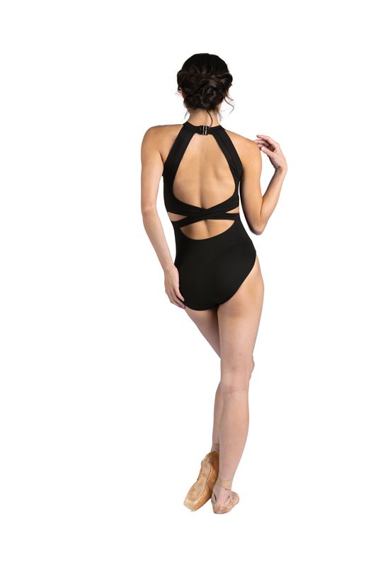 DanzNmotion Fallon Ribbed Halter Leotard, Color: Black, Size: Petite