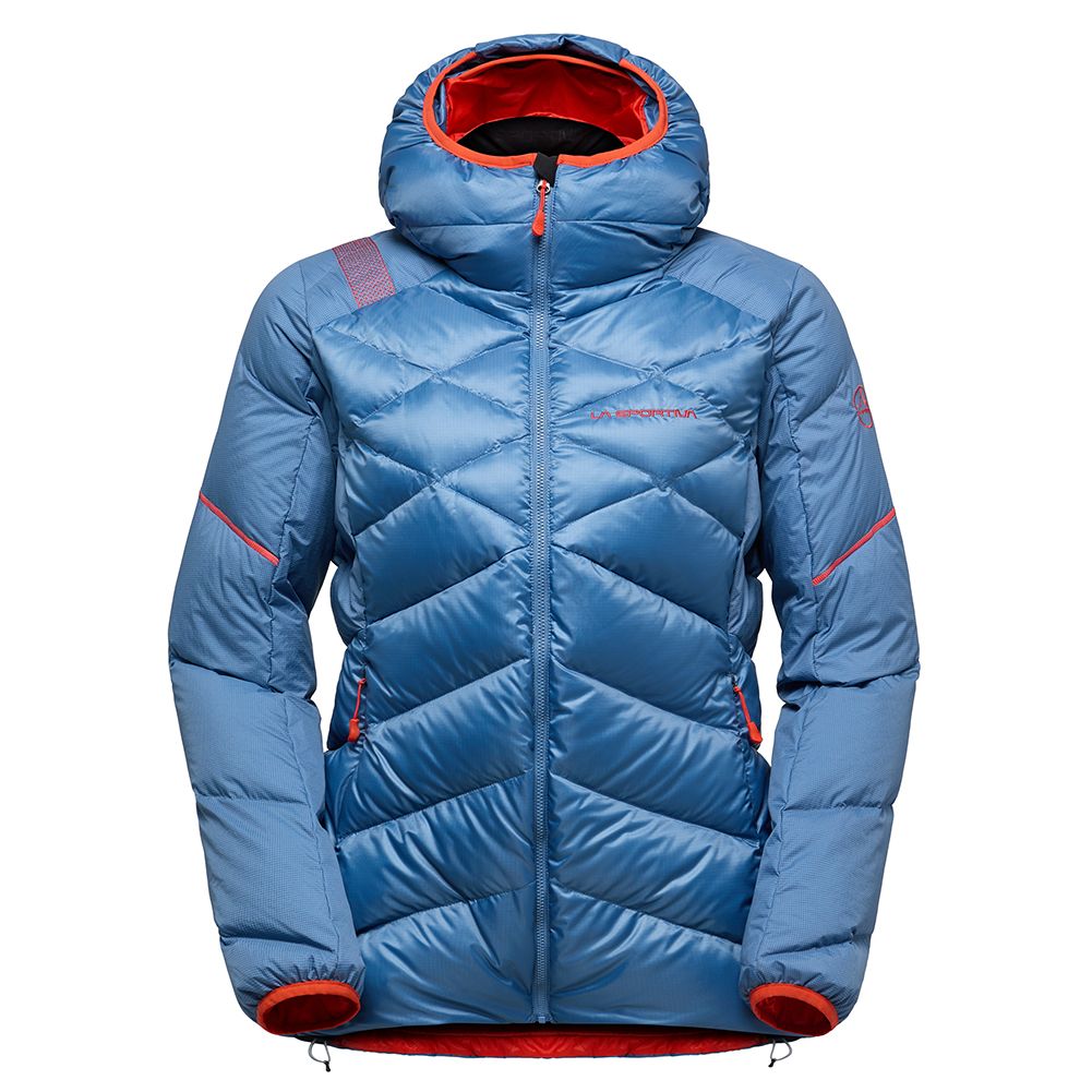 Women Bivouac Down Jacket, Color: Blue/Cherry Tomato, Size: S