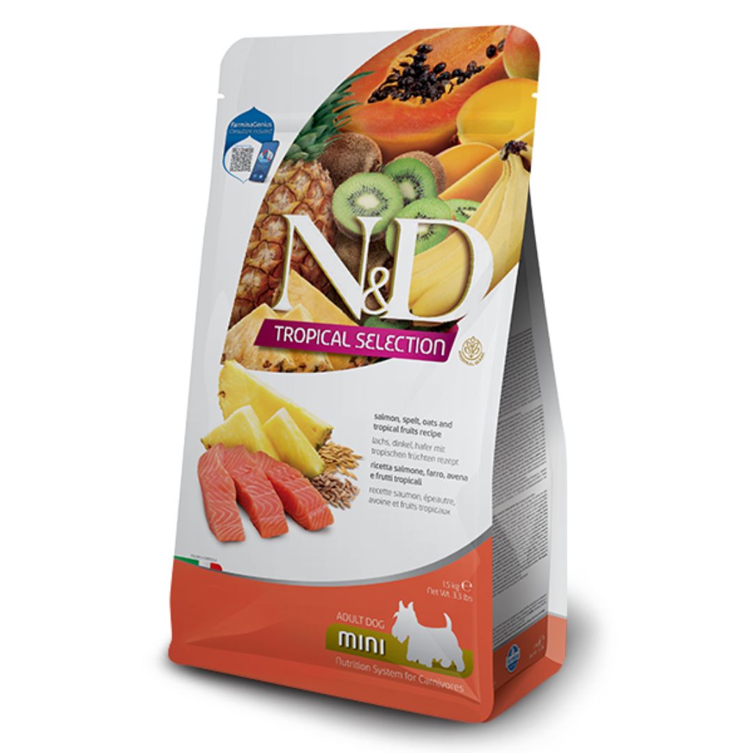 Farmina N&amp;D Tropical Selection Salmon, Spelt, Oats, and Tropical Fruits Dry Dog Food, Kibble Size: Mini, Package Size: 3.3LB