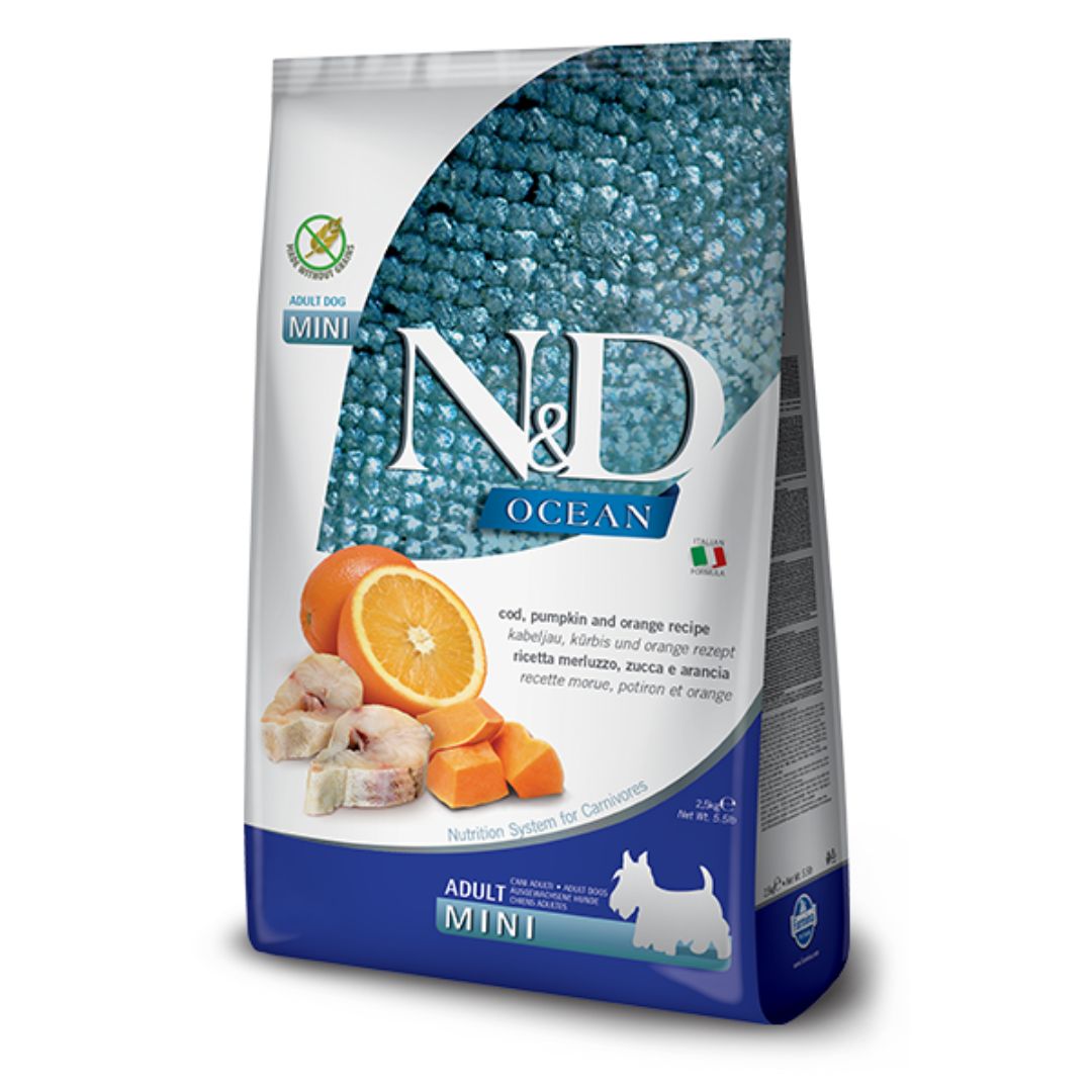 Farmina N&amp;D Ocean Cod, Pumpkin, and Orange Dry Dog Food, Kibble Size: Mini, Package Size: 5.5LB
