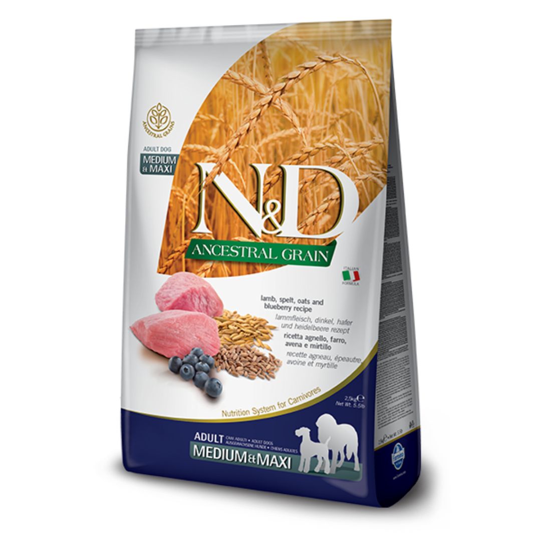Farmina N&amp;D Ancestral Grain Lamb and Blueberry Dry Dog Food, Kibble Size: Medium/Maxi, Package Size: 26.5LB