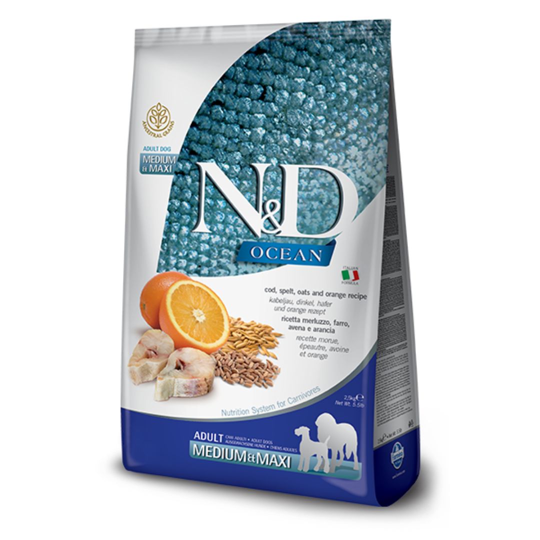 Farmina N&amp;D Ocean Cod, Spelt, Oats, and Blueberry Dry Dog Food, Kibble Size: Medium/Maxi, Package Size: 26.5LB