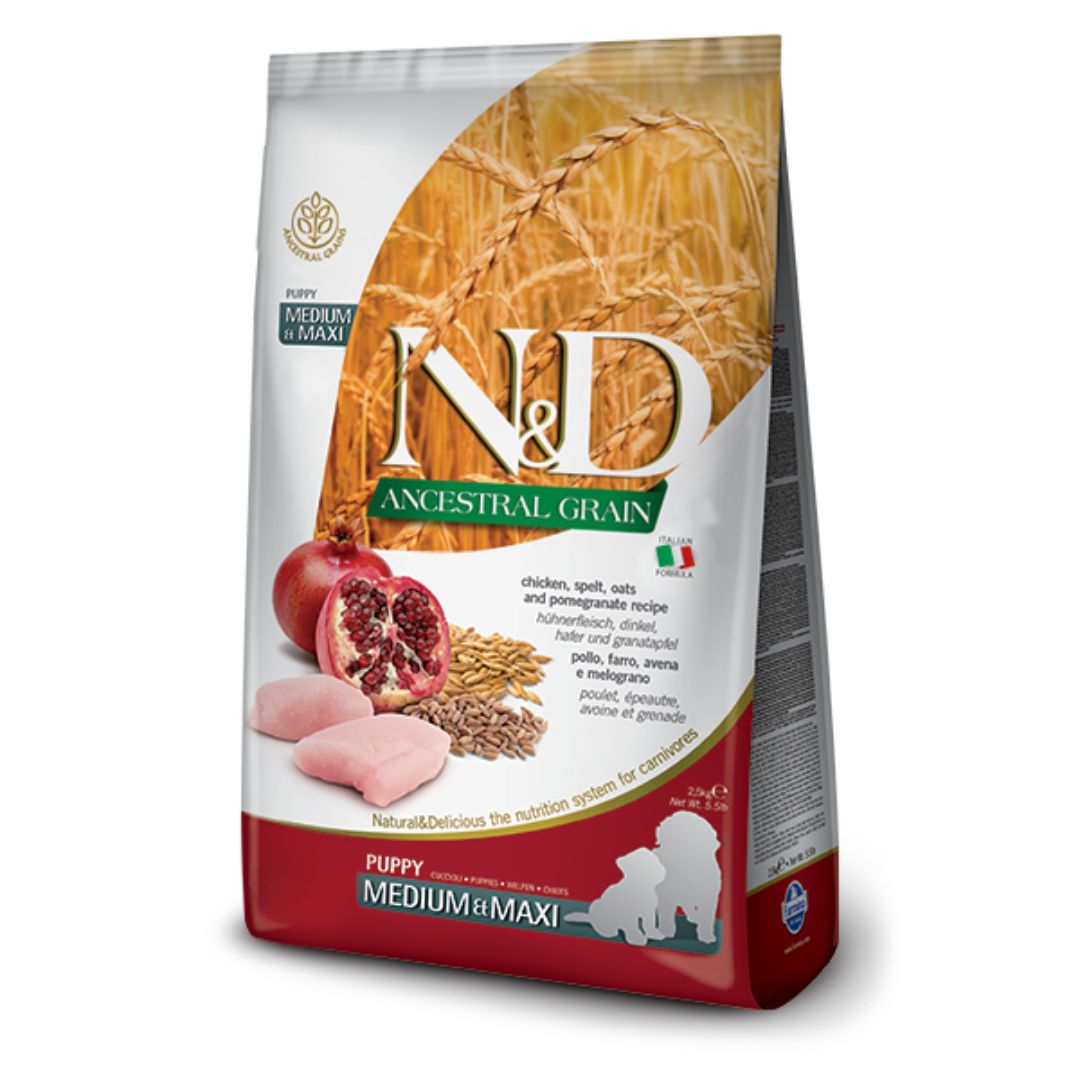 Farmina N&amp;D Ancestral Grain Chicken and Pomegranate Dry Puppy Food, Kibble Size: Medium/Maxi, Package Size: 26.5LB