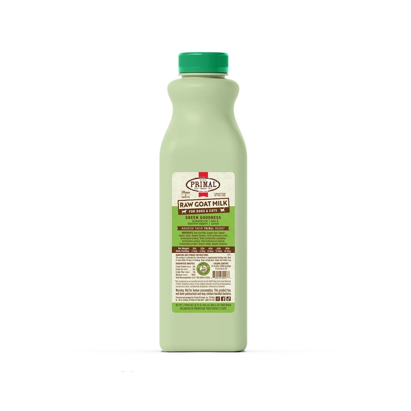 Primal Raw Goat Milk for Cats &amp; Dogs Green Goodness Recipe, Size: 32oz