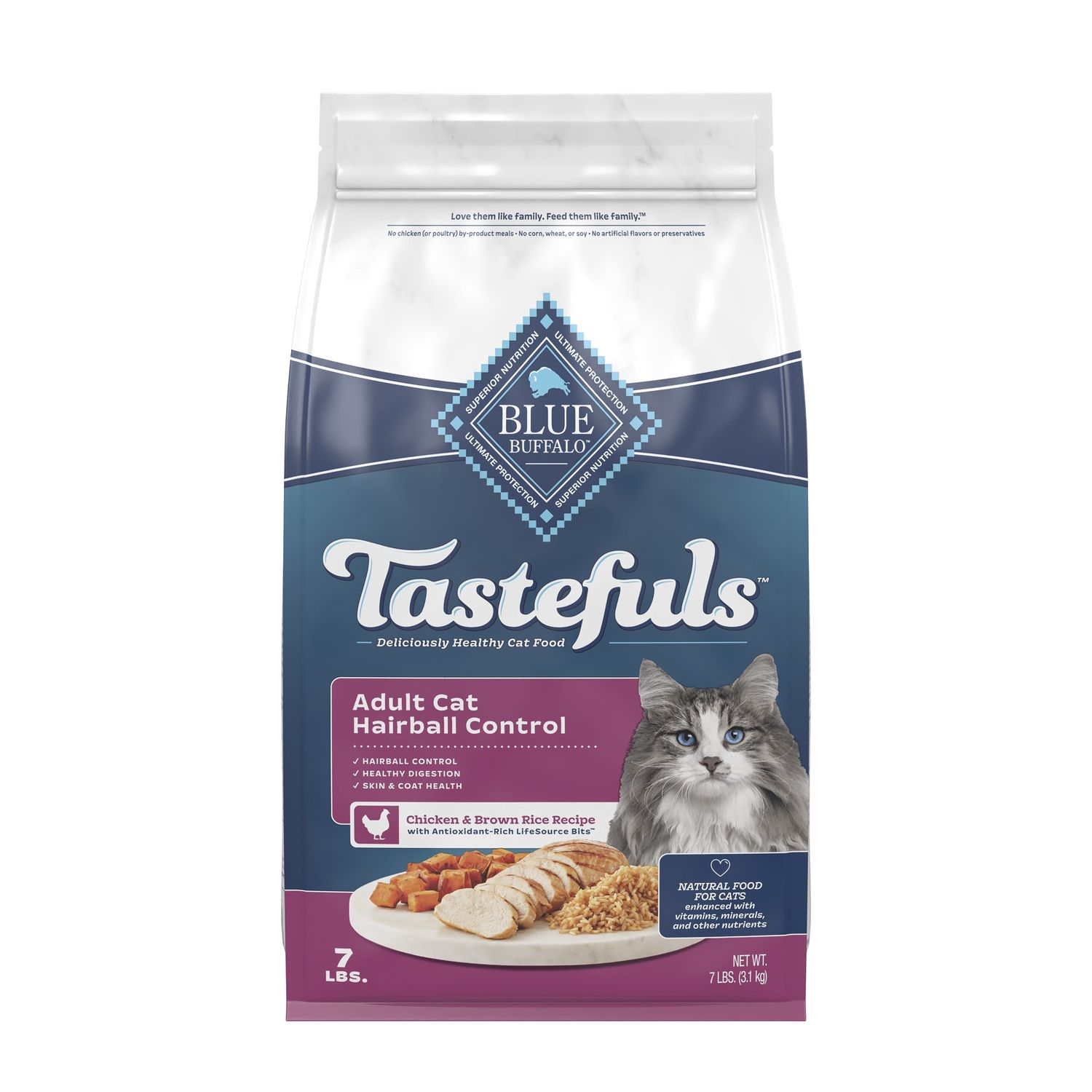 Blue Buffalo Tastefuls Adult Hairball Control Chicken &amp; Brown Rice Dry Cat Food, Size: 7lb