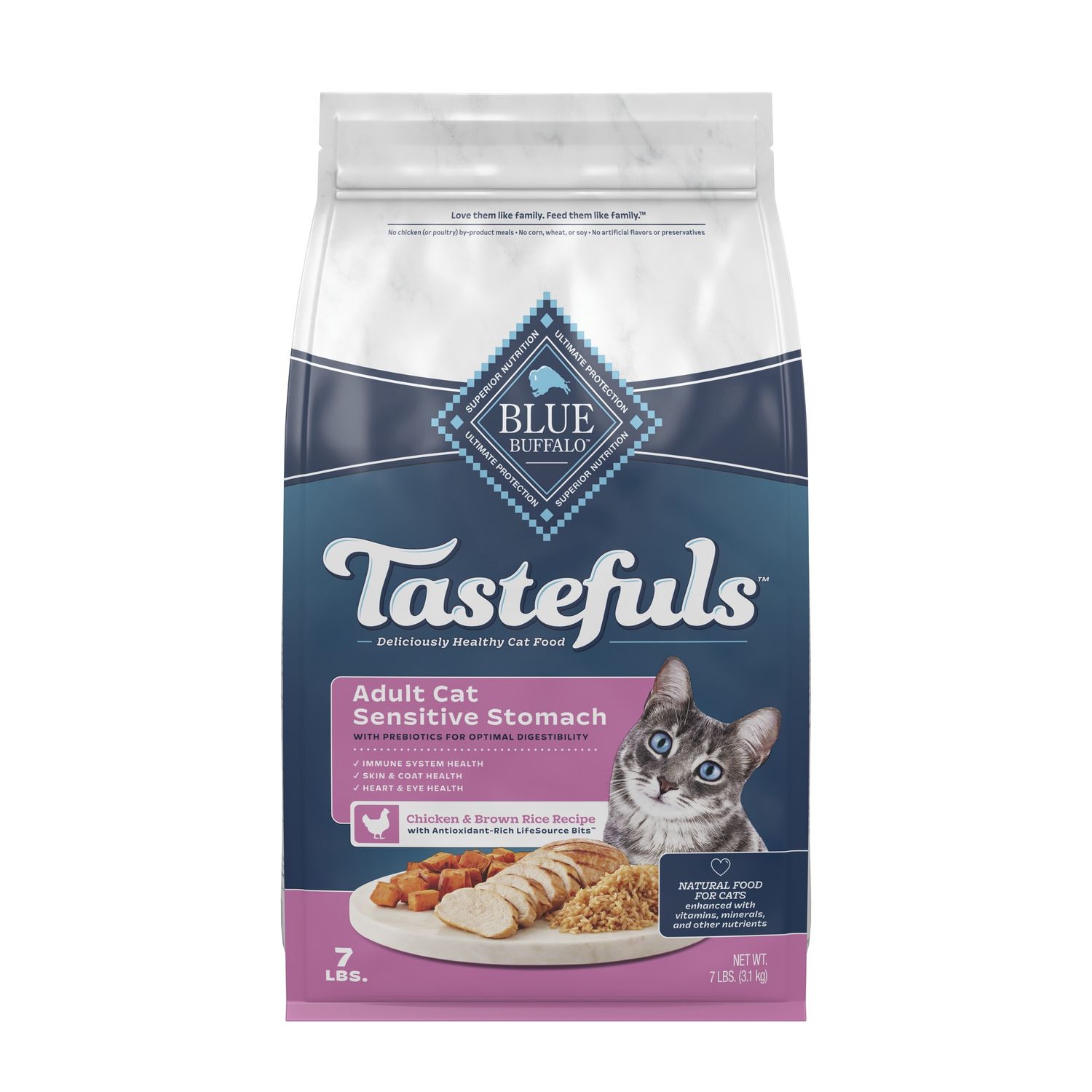Blue Buffalo Tastefuls Adult Sensitive Stomach Chicken &amp; Brown Rice Dry Cat Food, Size: 7lb