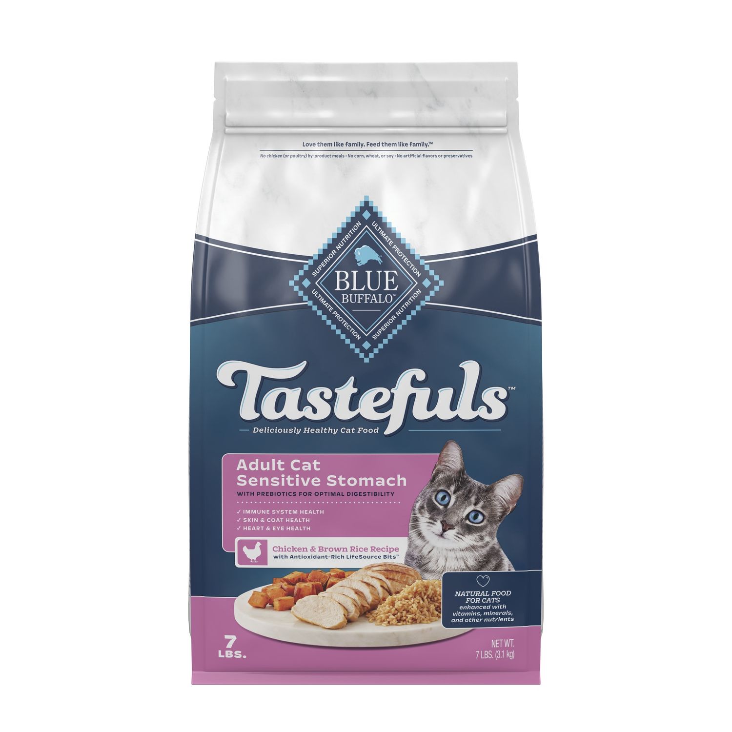 Blue Buffalo Tastefuls Adult Sensitive Stomach Chicken &amp; Brown Rice Dry Cat Food, Size: 7lb