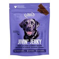 NutriSource Jivin Jerky Dog Treats, Flavor: Beef, Salmon &amp; Turkey Recipe, Size: 4oz.
