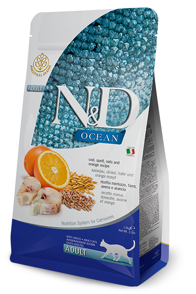 Farmina N&amp;D Ocean Cod, Spelt, Oats and Orange Dry Cat Food, Package Size: 3.3lb