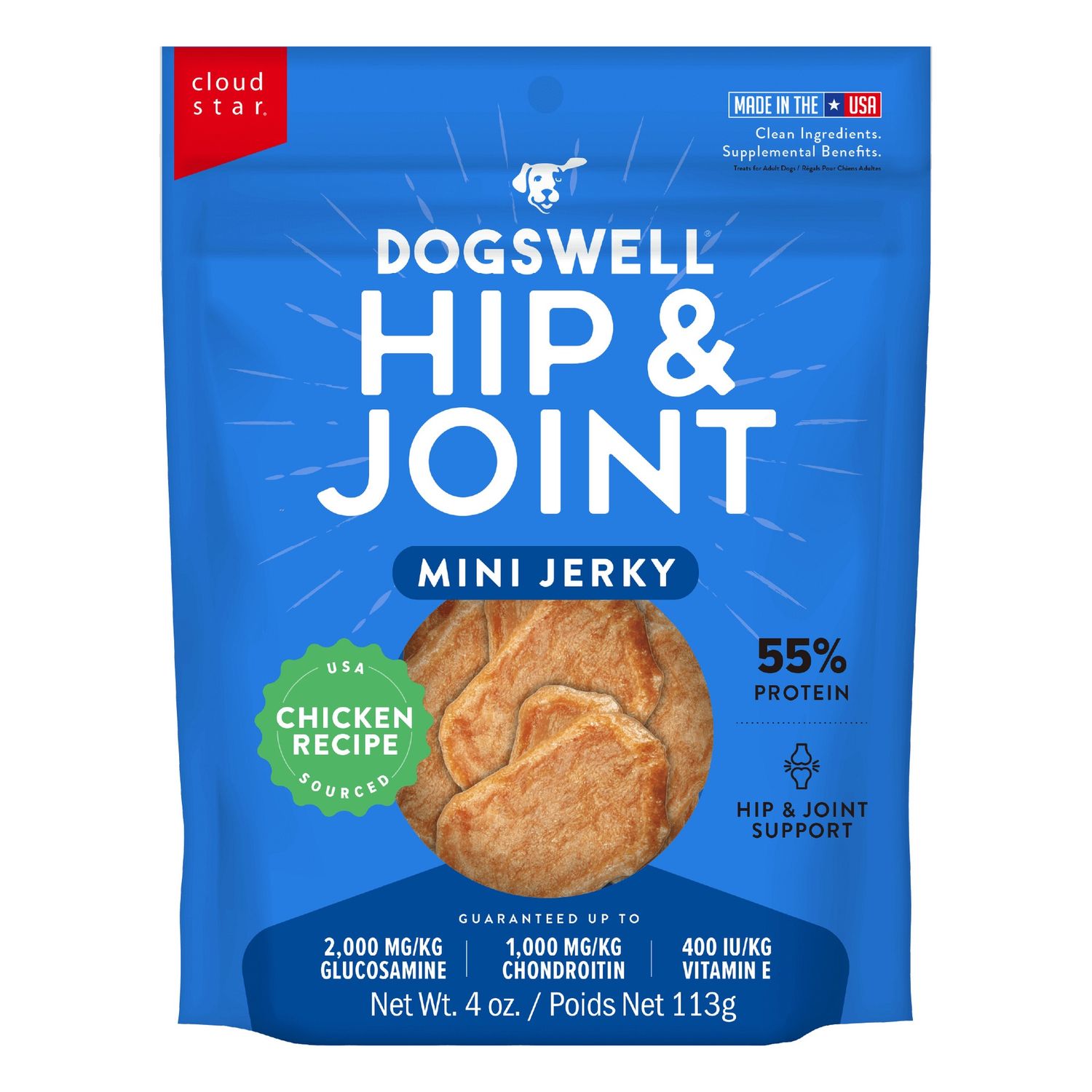 Dogswell Hip &amp; Joint Mini Jerky Dog Treats, Chicken, Package Size: 4 oz.