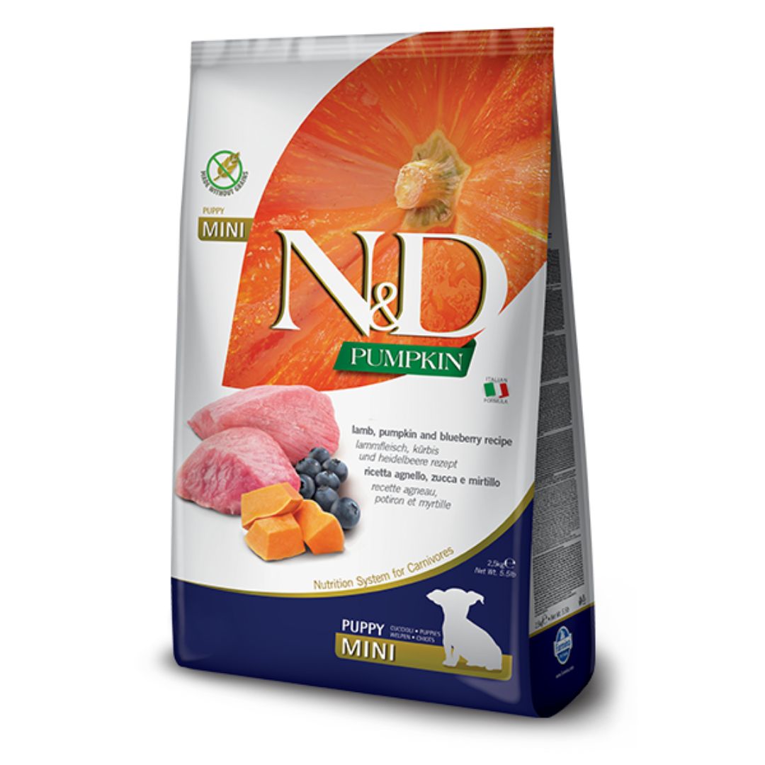 Farmina N&amp;D Pumpkin, Lamb, and Blueberry Dry Puppy Food, Kibble Size: Mini, Package Size: 5.5LB