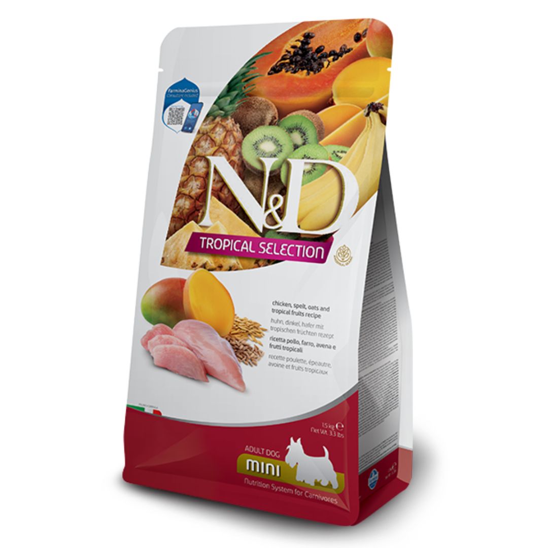 Farmina N&amp;D Tropical Selection Chicken, Spelt, Oats, and Tropical Fruits Dry Dog Food, Kibble Size: Mini, Size: 3.3LB