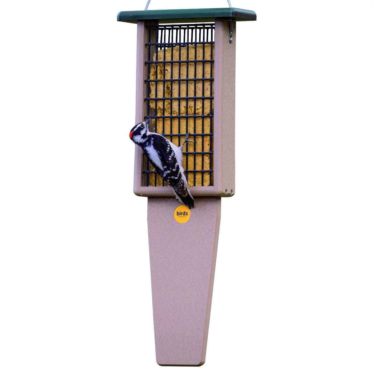 Birds Choice Suet Feeder with Tail Prop for Two Cakes in Taupe and Green Recycled Plastic