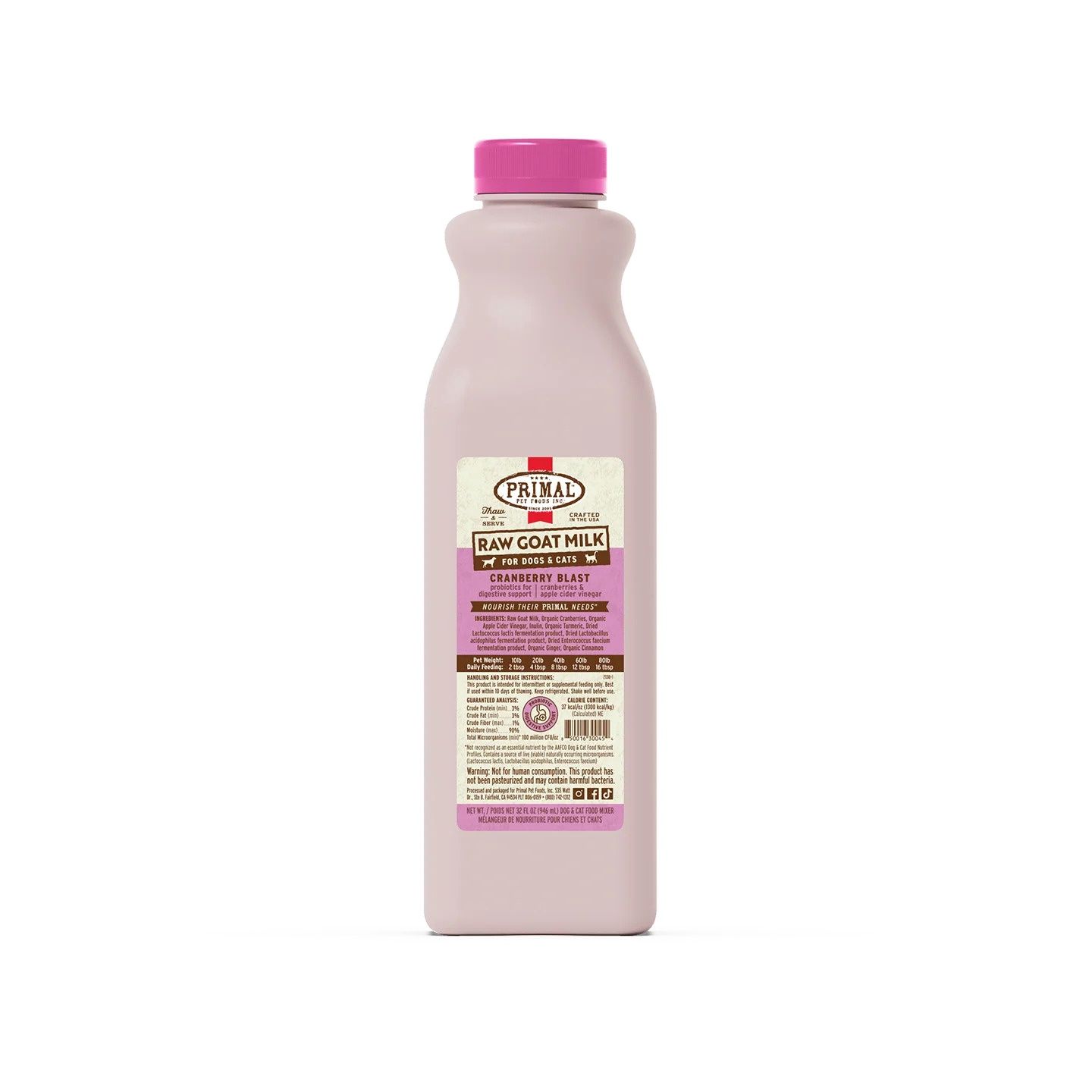 Primal Raw Goat Milk for Cats &amp; Dogs Cranberry Blast Recipe, Size: 32oz