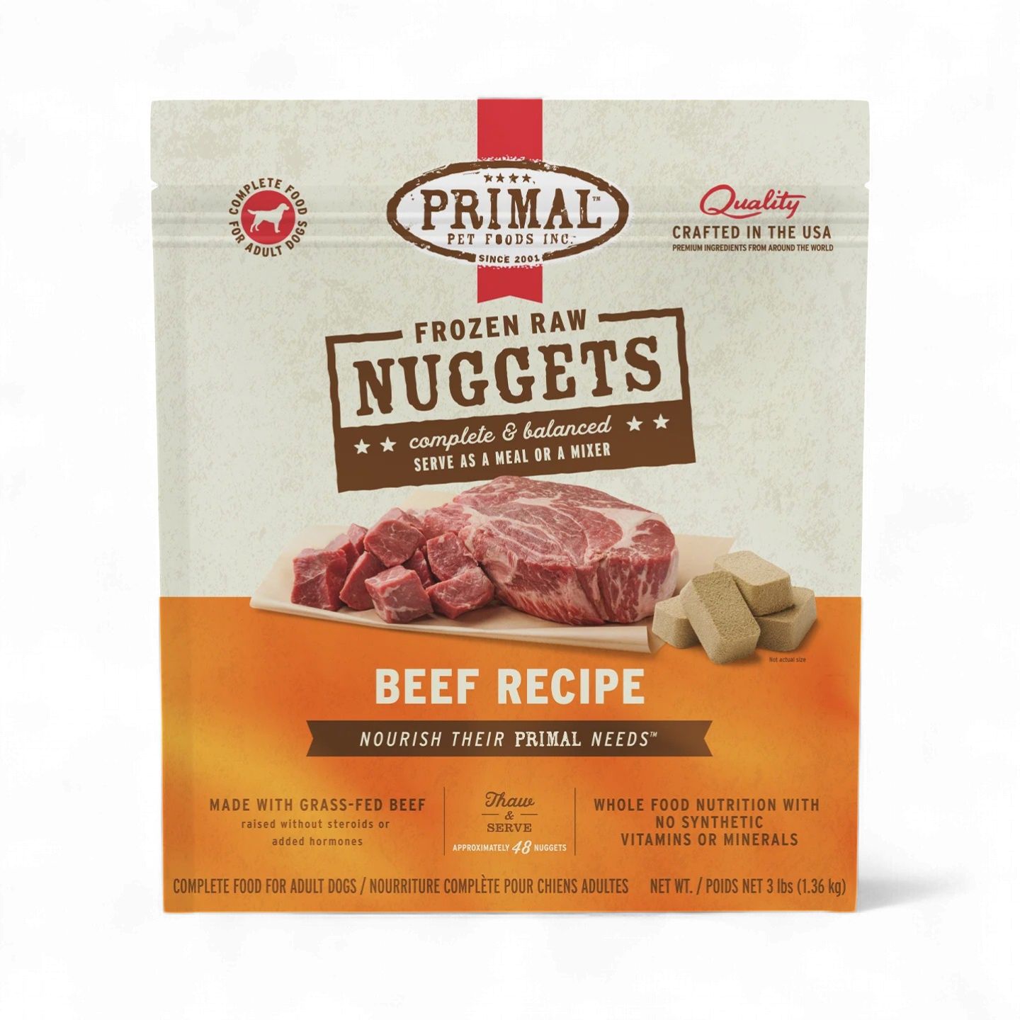 Primal Frozen Raw Nuggets Dog Food Beef Recipe, Size: 3lb