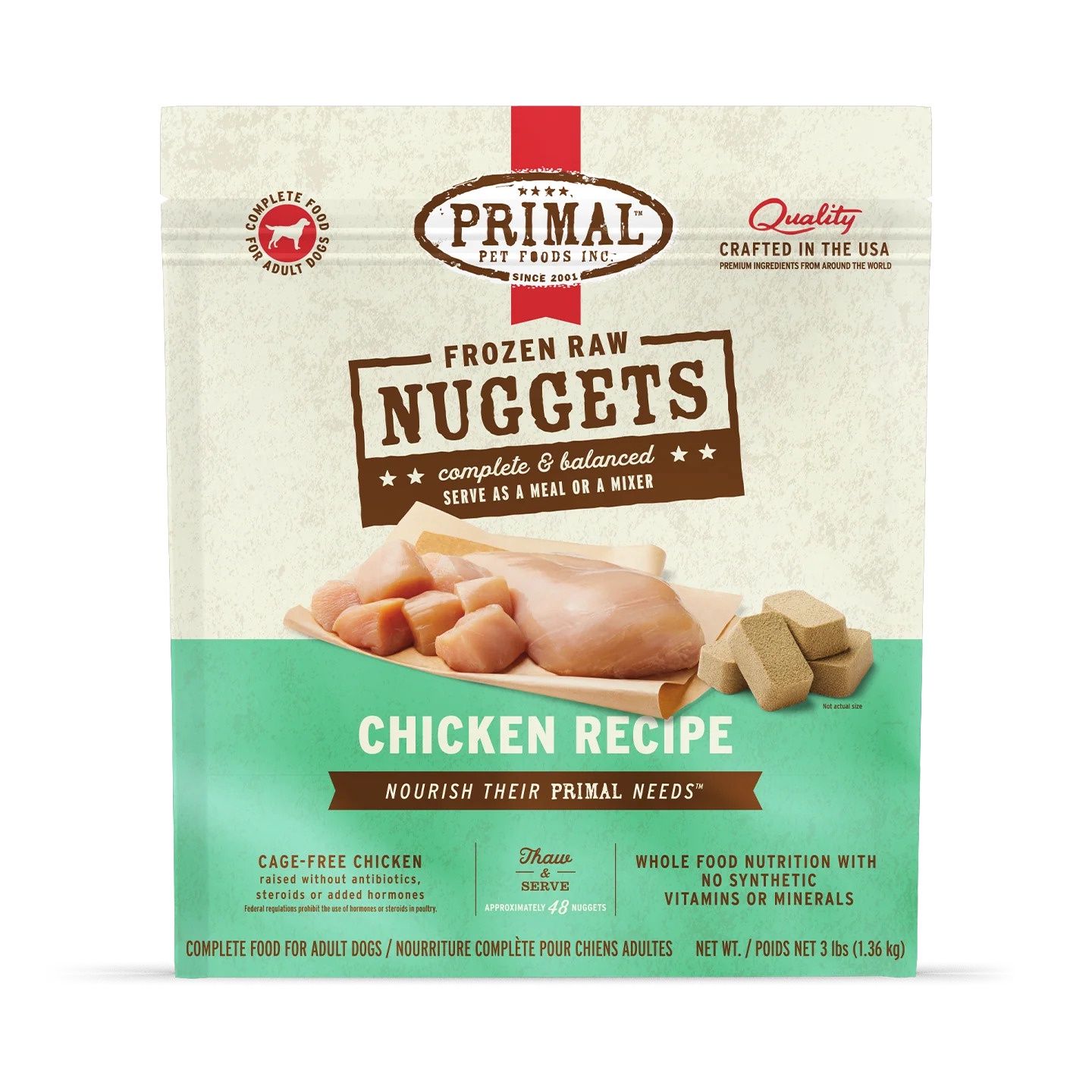 Primal Frozen Raw Nuggets Dog Food Chicken Recipe, Size: 3lb