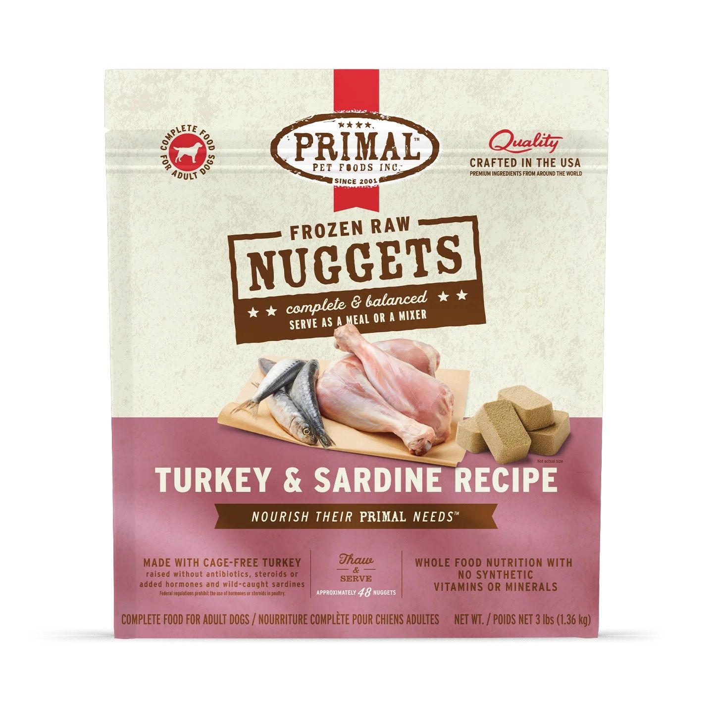 Primal Frozen Raw Nuggets Dog Food Turkey &amp; Sardine Recipe, Package Size: 3 lb.