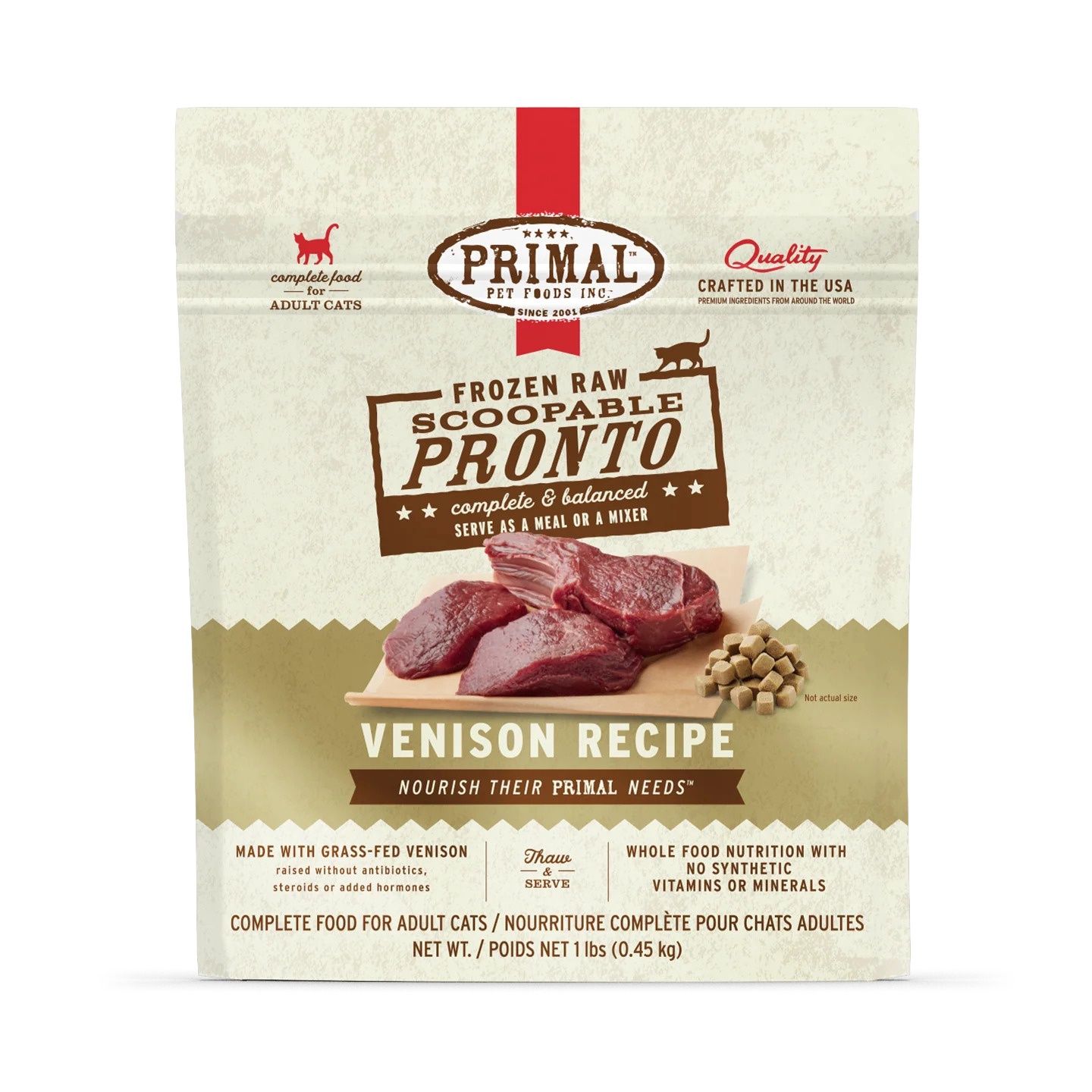 Primal Frozen Raw Scoopable Pronto Cat Food Venison Recipe, Package Size: 1 lb.