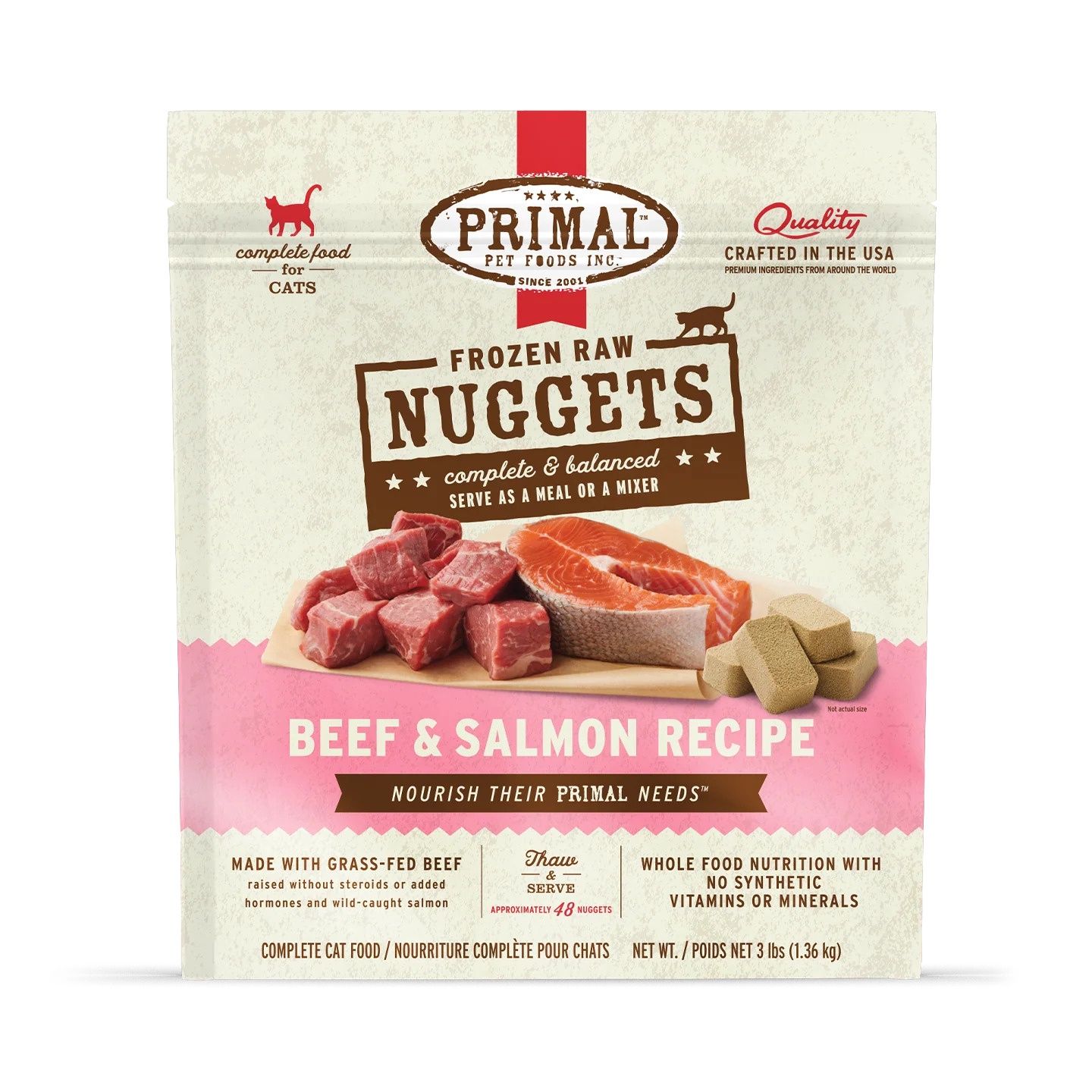 Primal Frozen Raw Nuggets Cat Food Beef &amp; Salmon Recipe, Package Size: 3lb