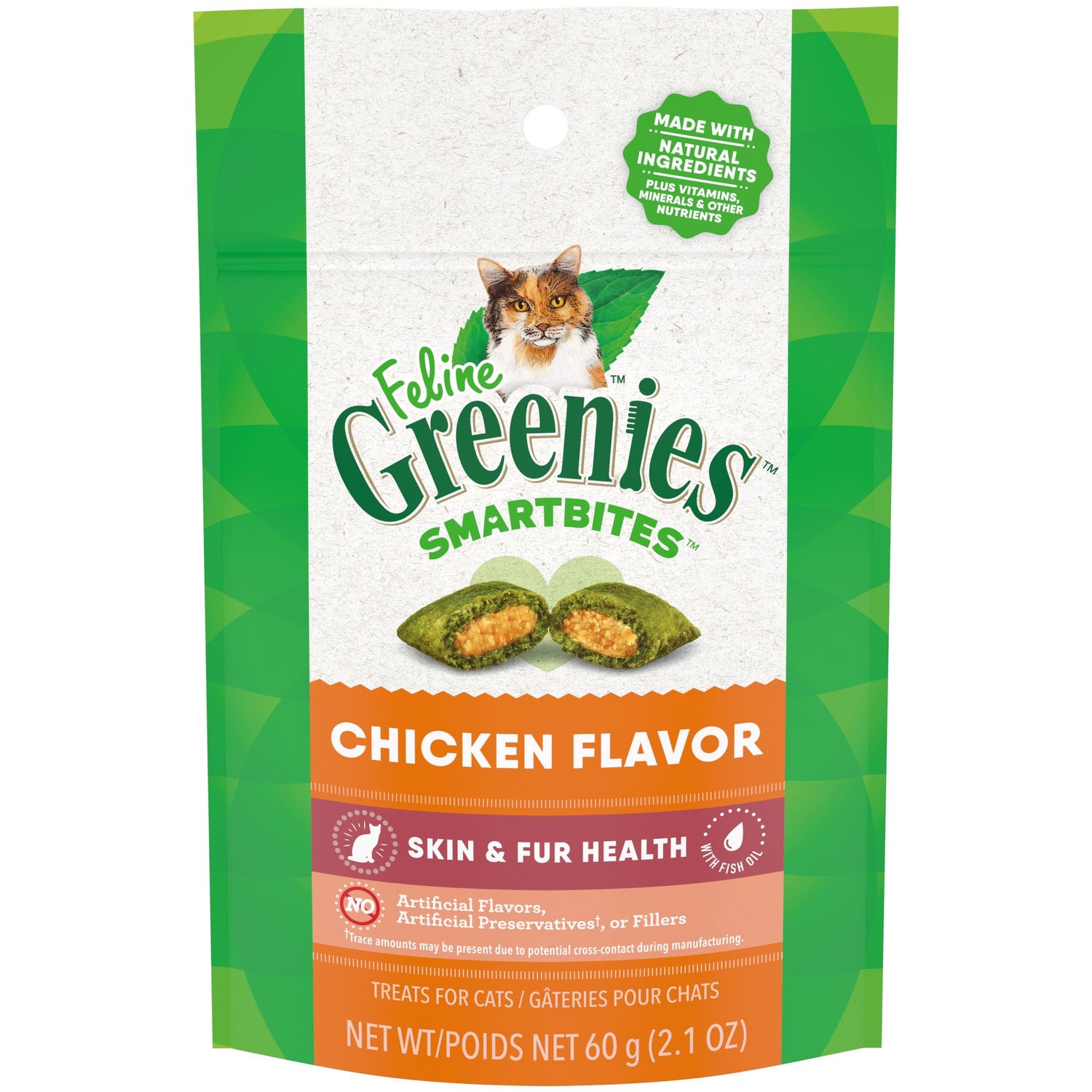 Feline Greenies Smartbites Chicken Flavor Skin &amp; Fur Health Cat Treats, Size: 2.1oz