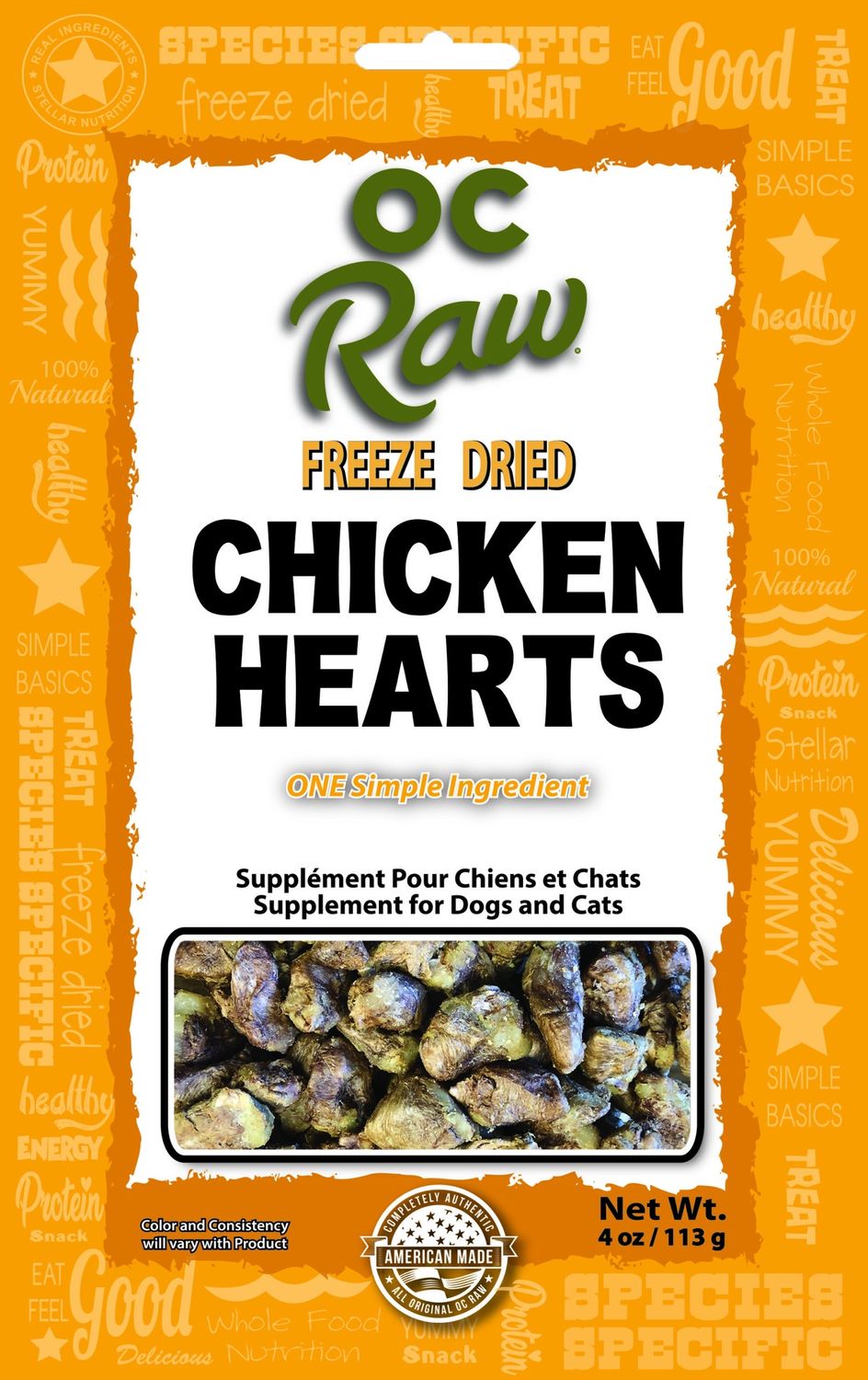 OC Raw Freeze Dried Chicken Hearts Dog and Cat Treats, Package Size: 4oz