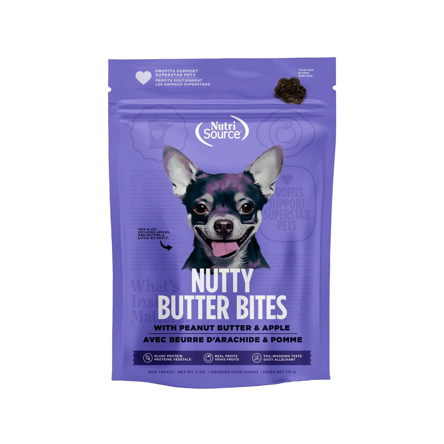NutriSource Nutty Butter Bites Peanut Butter &amp; Apple Dog Treats, Package Size: 6oz