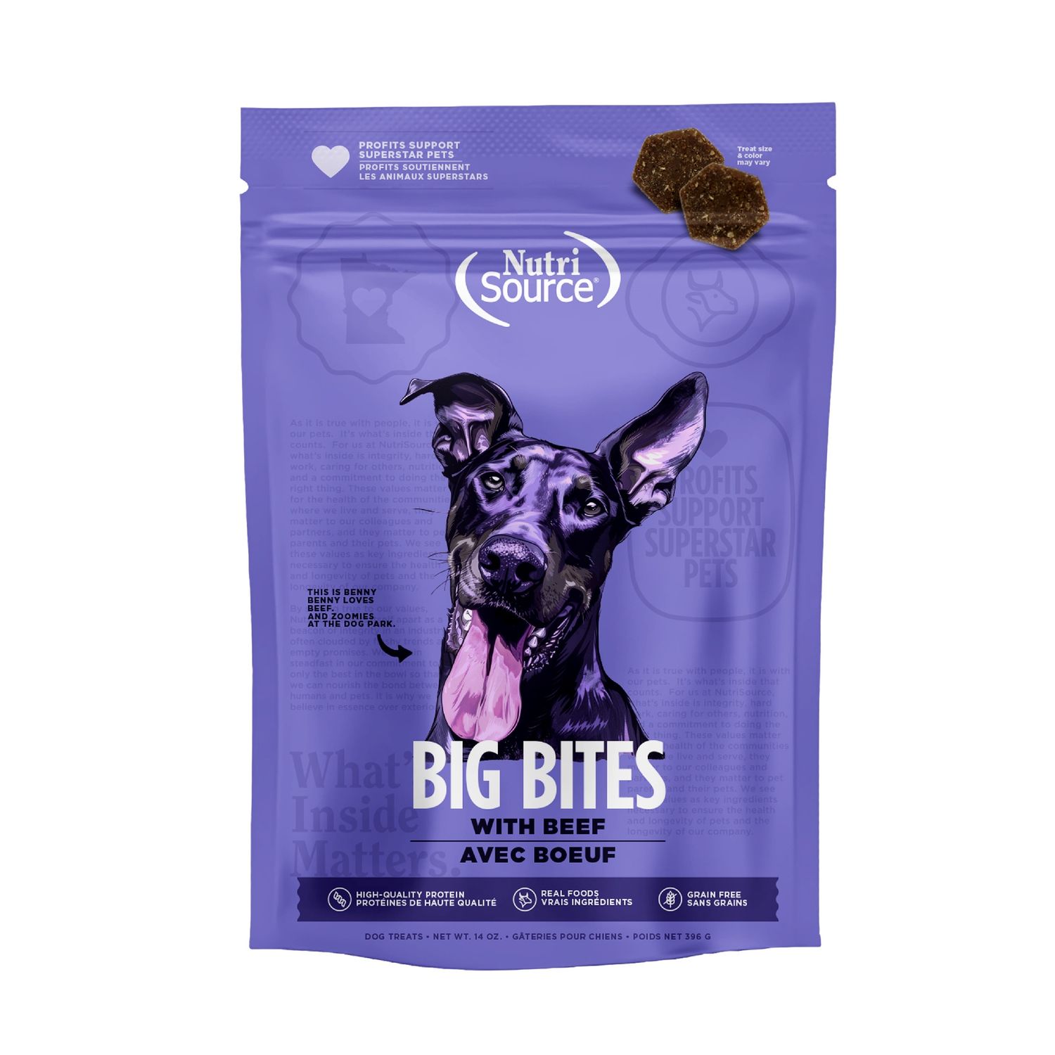 NutriSource Big Bites Grain Free Beef Dog Treats, Package Size: 14oz