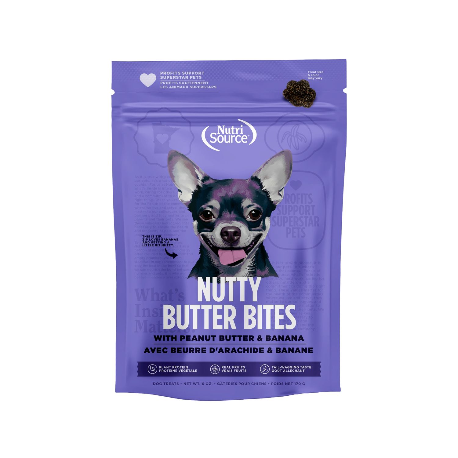 NutriSource Nutty Butter Bites Peanut Butter &amp; Banana Dog Treats, Package Size: 6oz
