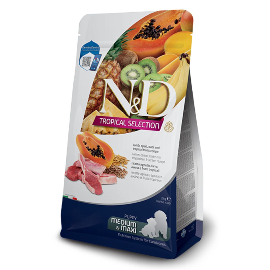 Farmina N&amp;D Tropical Selection Lamb, Spelt, Oats, and Tropical Fruits Dry Puppy Food, Kibble Size: Medium/Maxi, Package Size: 22LB