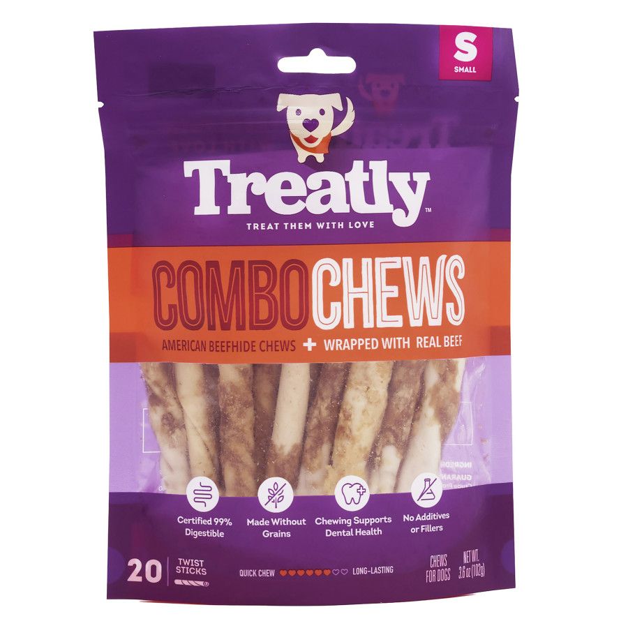 Treatly Combo Chews Beefhide Twist Sticks Meat Wrap Dog Treat, Small, Flavor: Beef, Package Size: 20 Count