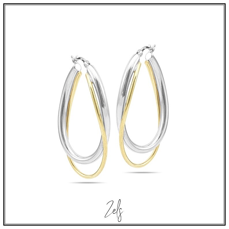 Zilveren oorbellen half gold plated gekruisde ovalen