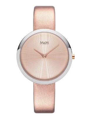 Horloge ronde wijzerplaat met metallic roze anti allergie lederen bandje.