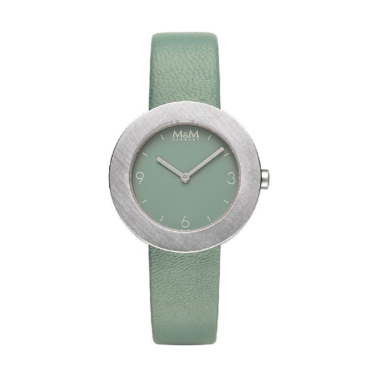 Horloge brede ronde zilveren wijzerkast met groen lederen bandje