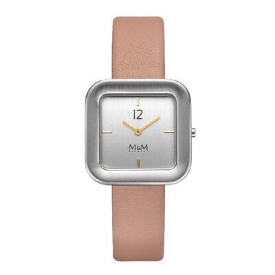 Horloge zilverkleurige vierkante wijzerplaat met oud roze anti allergie lederen bandje