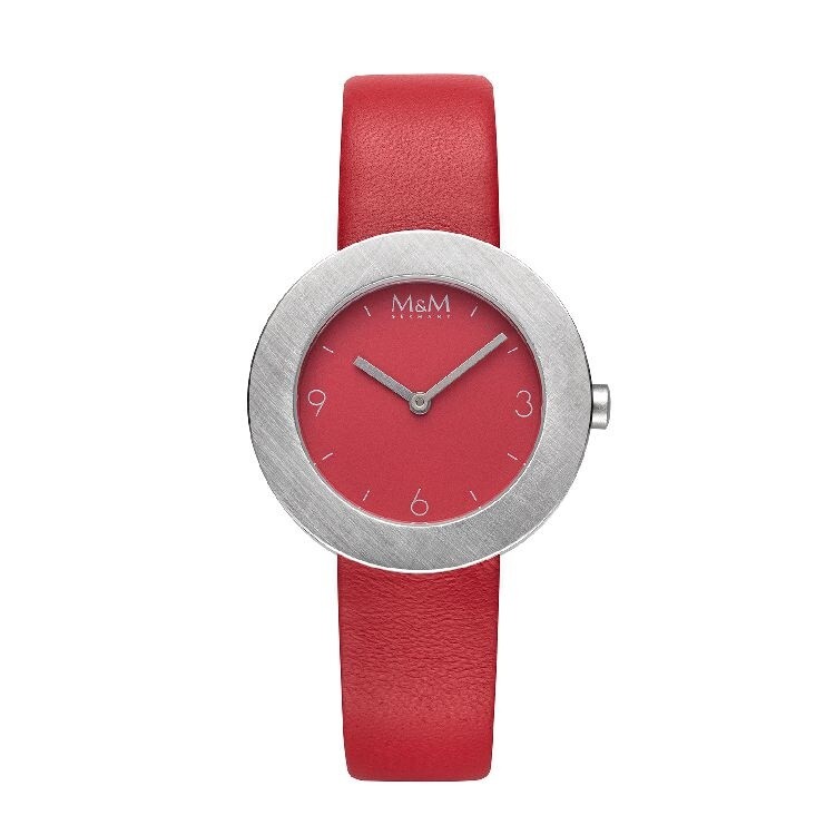 Horloge ronde zilveren wijzerkast met rood lederen bandje