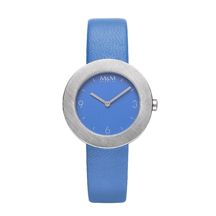 Horloge brede ronde zilveren wijzerkast met blauw lederen bandje