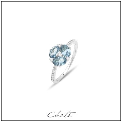 Zilveren ring met steentjes helder en blauw bloem M56